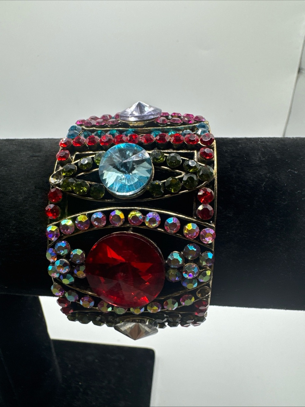 Multicolor Gemstone Statement Cuff Bracelet - Red, Blue & Green Accents